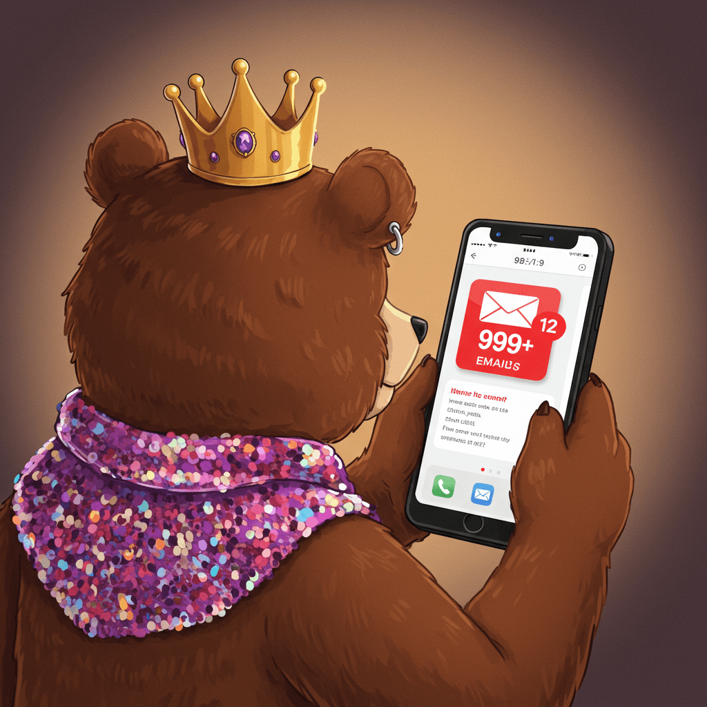 TechBear mascot with crown looking overwhelmed at smartphone showing inbox overload with 999+ unread emails, representing the need for stress-free email workflow and digital decluttering