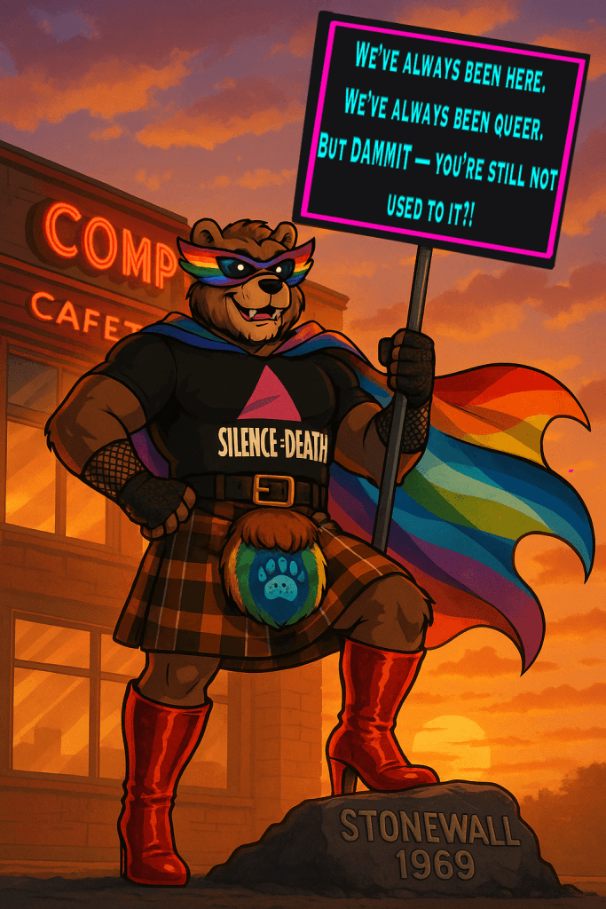 Pride 2025: TechBear superhero character in rainbow cape and "Silence=Death" shirt stands on Stonewall 1969 memorial stone, holding protest sign advocating LGBTQ+ visibility, with Compton's Cafeteria neon sign visible in background at sunset
