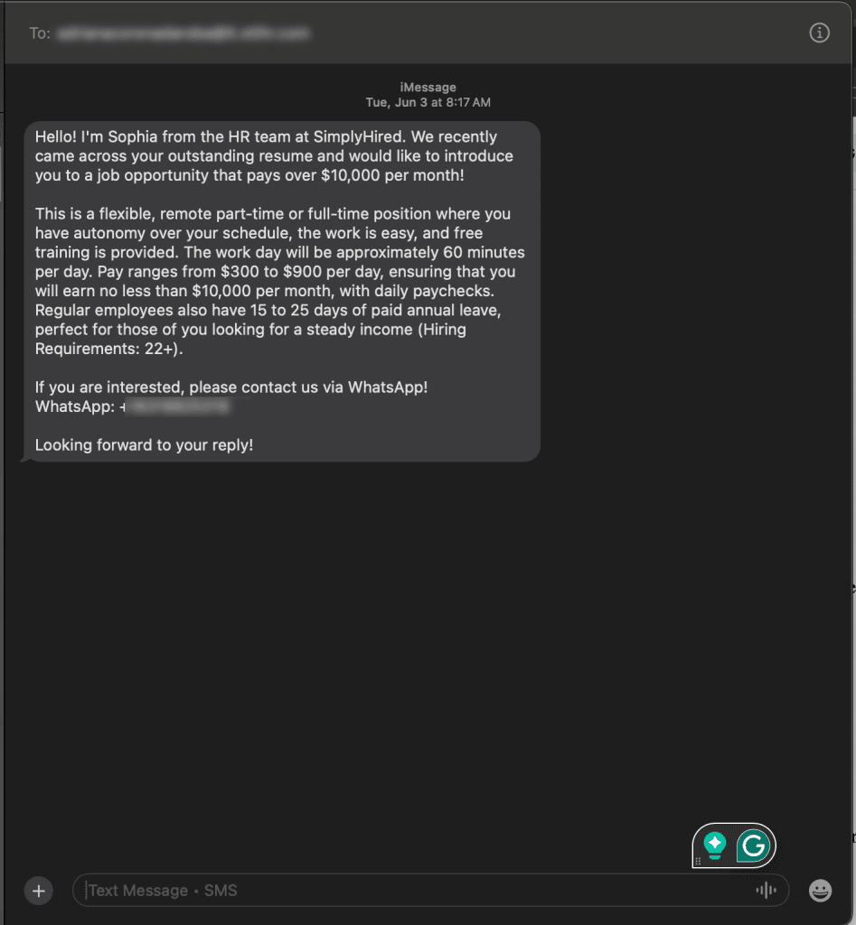 SMS scam example showing fake job offer text message from SimplyHired promising $10,000 monthly income with WhatsApp contact request - classic text message fraud red flags