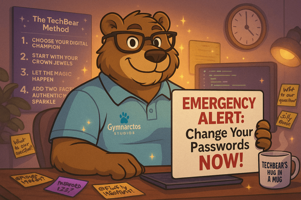 TechBear character at desk holding emergency alert sign reading change your passwords now, with sticky note passwords scattered around laptop and four-step method poster on wall