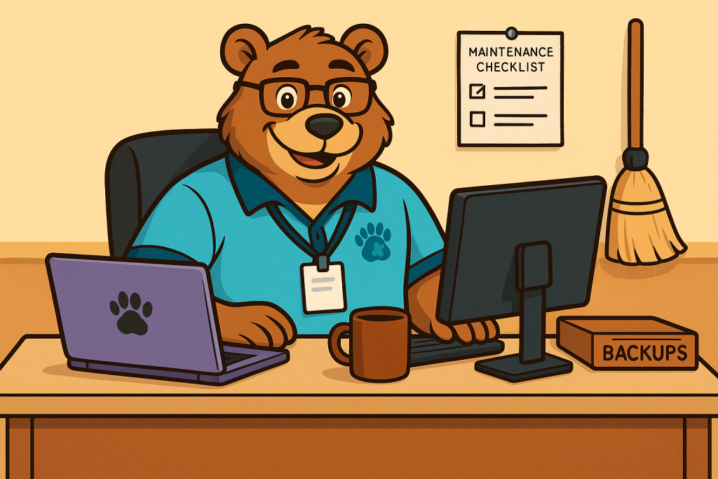 Friendly cartoon bear tech expert wearing glasses and blue shirt sitting at desk with laptop, desktop computer, coffee mug, and maintenance checklist on wall, representing computer maintenance tips and digital housekeeping guidance