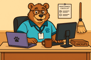 Friendly cartoon bear tech expert wearing glasses and blue shirt sitting at desk with laptop, desktop computer, coffee mug, and maintenance checklist on wall, representing computer maintenance tips and digital housekeeping guidance