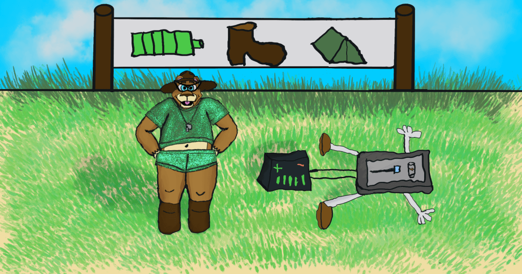 Techbear stands on the drill field of battery boot camp. On the grass beside him is an anthropomorphized phone. It has no battery life, and is connected to a charger to resuscitate it, demonstrating charging best practices.