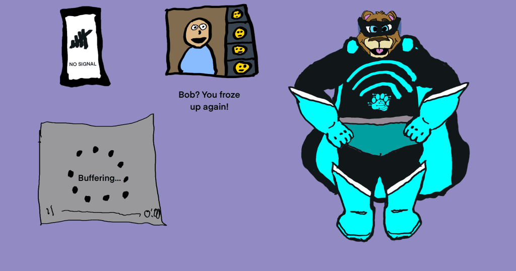 Illustration showing WiFi workflow problems on left (mobile device with no signal, frozen video call, buffering screen) and TechBear superhero character on right with WiFi symbol, representing solutions to network issues