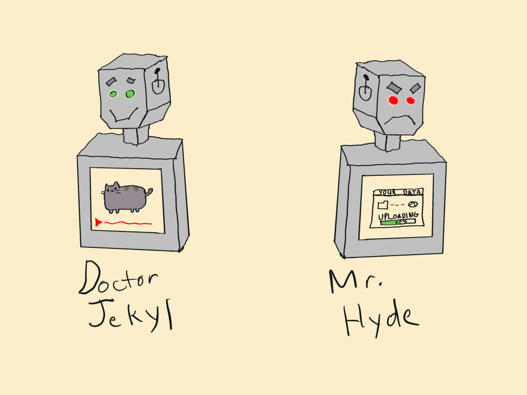 Robot app character showing Jekyll and Hyde transformation: friendly green eyes with cat image during day, sinister red eyes uploading user data at night, illustrating how malicious updates compromise trusted apps