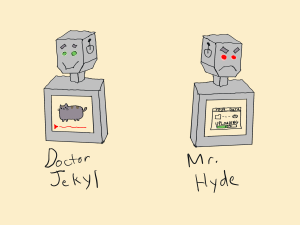 Robot app character showing Jekyll and Hyde transformation: friendly green eyes with cat image during day, sinister red eyes uploading user data at night, illustrating how malicious updates compromise trusted apps