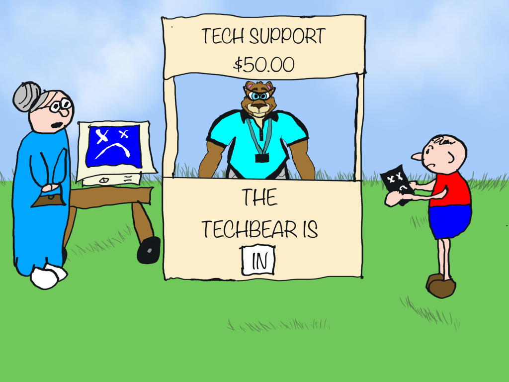 TechBear provides $50 tech support at an outdoor booth, reminiscent of Lucy's Psychology practice in 'Peanuts', while customers with computer problems seek digital literacy help.