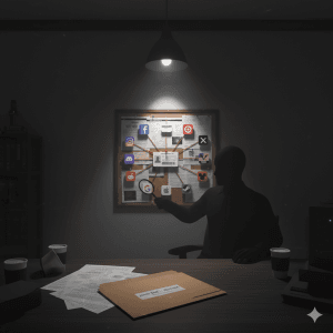 A shadowy figure hunches over documents at a dimly lit desk, plotting criminal schemes. Behind them, a wall chart shows how government IDs connect to social media platforms through red lines—the perfect roadmap for identity theft, blackmail, and digital extortion.