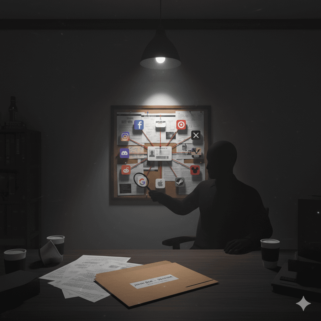A shadowy figure hunches over documents at a dimly lit desk, plotting criminal schemes. Behind them, a wall chart shows how government IDs connect to social media platforms through red lines—the perfect roadmap for identity theft, blackmail, and digital extortion.