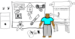 TechBear drops his diagnostic equipment in astonishment as he encounters Hex, a room-sized magical computer with organic components, mechanical wheels, and cryptic error messages at the mystical Unseen University.